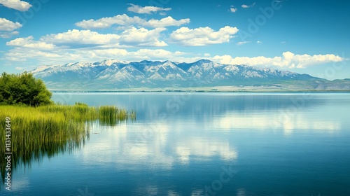 Tranquil lake reflects snow-capped mountains under clear blue sky in autumn