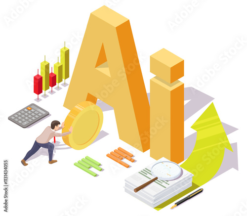 AI neural network in help to earn money, increase profit of business and stock market trading isometric vector illustration. Businessman using artificial intelligence tools and generative models