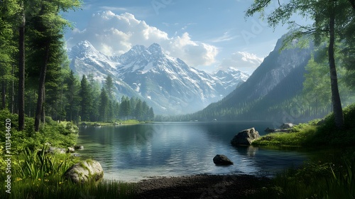 Tranquil lake reflects snow-capped mountains under clear blue sky in autumn