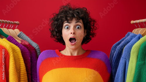 A surprised young woman with curly hair and glasses standing among colorful clothes against a red background. photo