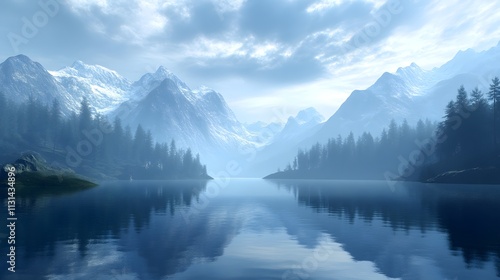Tranquil lake reflects snow-capped mountains under clear blue sky in autumn