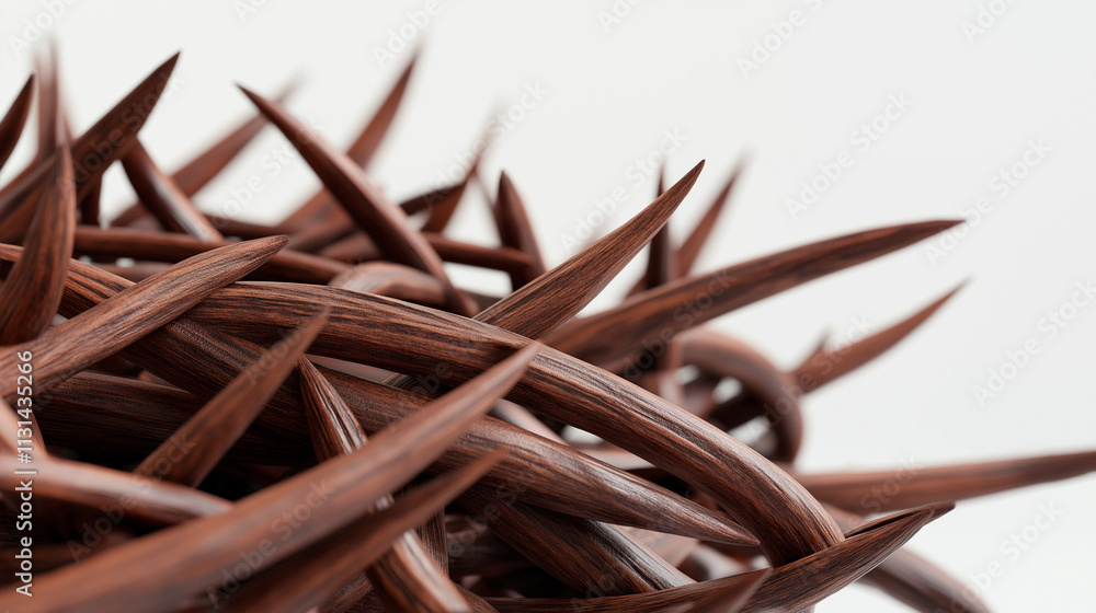 Fototapeta premium Close-up of a spiky thorn branch in light brown tones against a white background, emphasizing natural sharp textures.