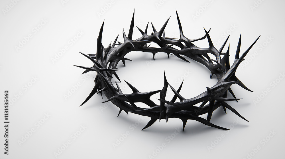 Fototapeta premium A black crown of thorns placed on a clean white background, symbolizing suffering, sacrifice, or faith.