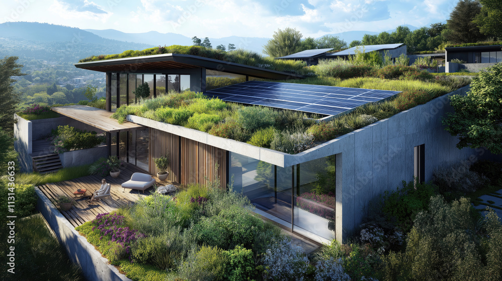 Fototapeta premium Modern green roof adorned with vibrant plants, complemented by strategically positioned solar panels for energy efficiency, creating a beautiful contrast.