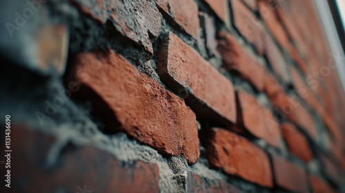 Detailed view of a rustic red brick wall, emphasizing the weathered texture and industrial feel of the masonry. photo