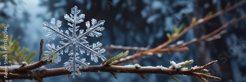 a single snowflake resting at the tip of a branch , frosty, fragile photo