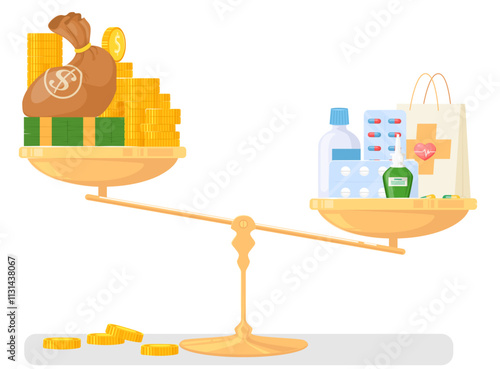 Expensive medical service flat cartoon vector illustration. Heavy pile of medications versus money stack on balance scales