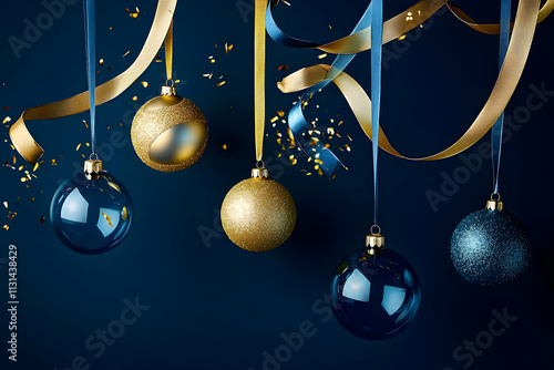 A refined Christmas setup with golden and blue glass balls hanging gracefully from ribbons, creating a sophisticated holiday ambiance. photo