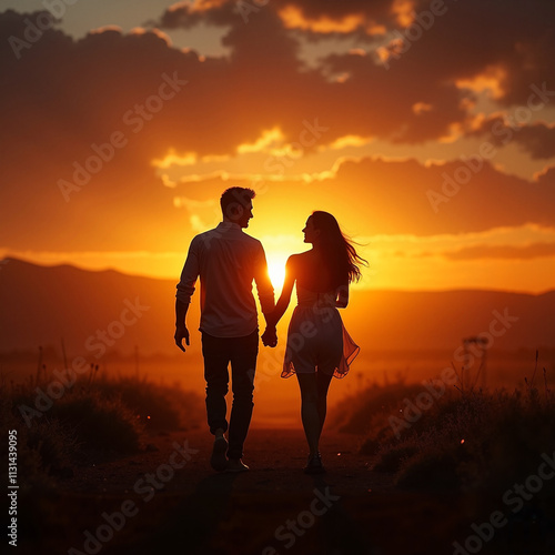 Couple walking hand in hand during a romantic sunset with glowing clouds photo