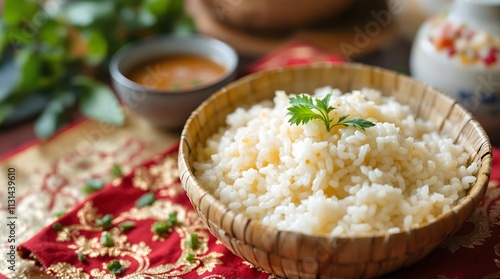 Khao Niew Sticky Rice in Bamboo Basket with Traditional Garnishes (Laotian Cuisine) photo