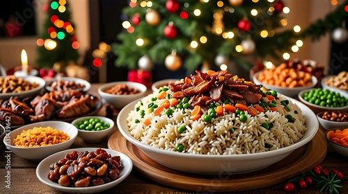 Arroz de Natal A flavorful rice dish cooked with raisins, almonds, carrots, peas, and crispy bacon, often paired with roasted meats during Christmas celebrations. Ai