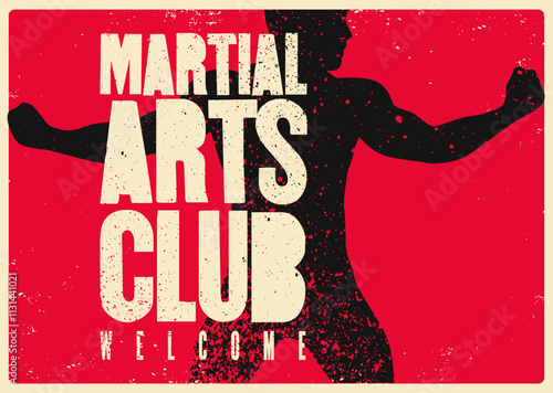 Fight Martial Arts club typographical vintage grunge style poster design with fighter silhouette. Retro vector illustration.