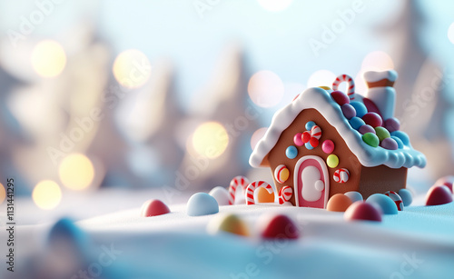 A gingerbread house surrounded by red ornaments, pinecones, and snow with a festive bokeh background. photo