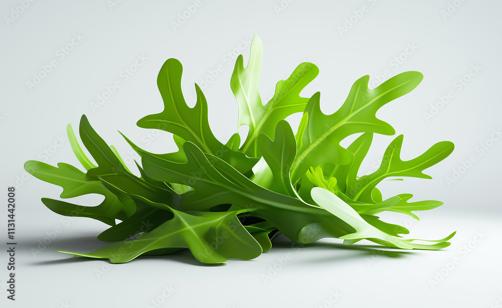 Obraz premium Fresh, vibrant green arugula leaves arranged on a neutral background, emphasizing health and natural freshness.
