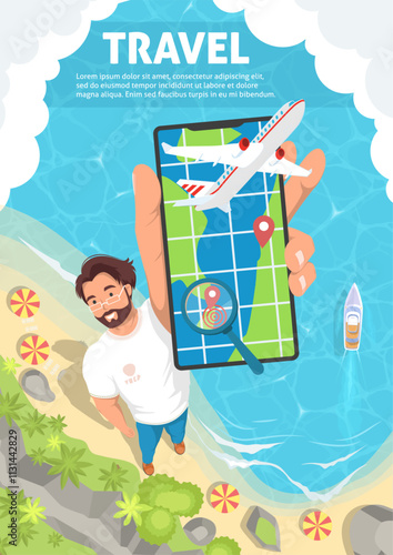 Happy man tourist advertising travel showing modern smartphone app for booking trip and flight tickets over tropical seacoast background vector illustration