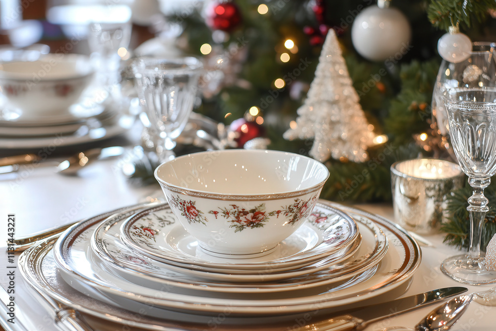Fototapeta premium A Christmas table setup with white porcelain, metallic flatware