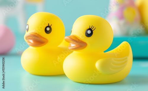 Two cute yellow rubber ducks placed on a turquoise surface with playful pastel-colored decorations in the background.
 photo