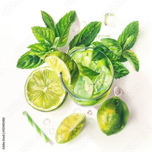 A vibrant mojito with mint leaves and lime wedges, showcased against an isolated white background, hyper-realism art style photo