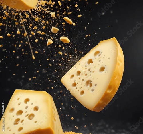 Flying wedge of Swiss cheese with falling particles and cheese dust, wedges, aerial photo