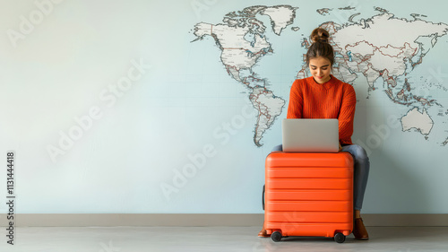 A student with a suitcase and a laptop, sitting under a world map mural, symbolizing preparation for studying and working abroad.