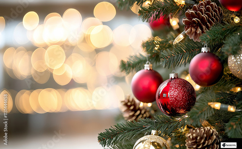 Festive Christmas tree decorated with red ornaments, pinecones, and golden lights glowing in the background. photo