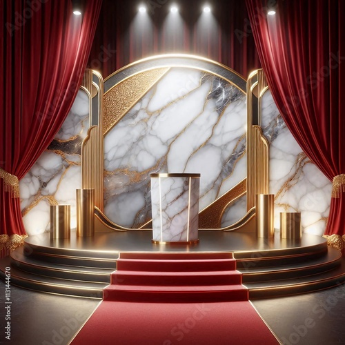 Elegant marble podium with golden accents under luxurious red curtains perfect for showcasing awards or high-end products