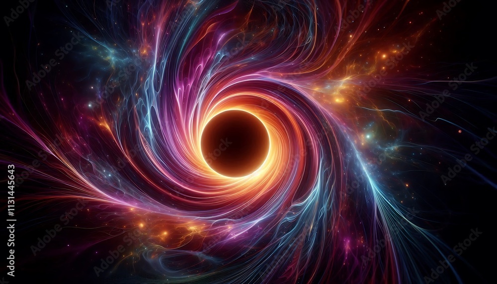 Fototapeta premium glowing black hole surrounded by spiraling vibrant energy waves in cosmic environment, generative ai