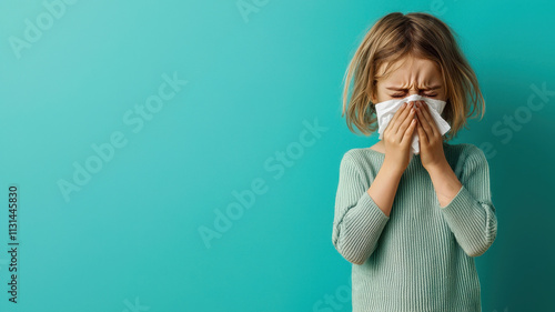 A young child expressing distress, covering their face with tissue symbolizing the impact of pollution on future generations and environmental awareness photo