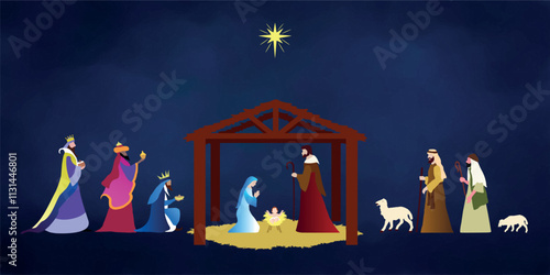 Christmas Nativity scene background. The Adoration of the Magi. Vector illustration EPS10.