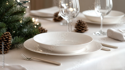 Wallpaper Mural A modern holiday table setting with clean white dinnerware, golden cutlery, and a soft green sprig Torontodigital.ca