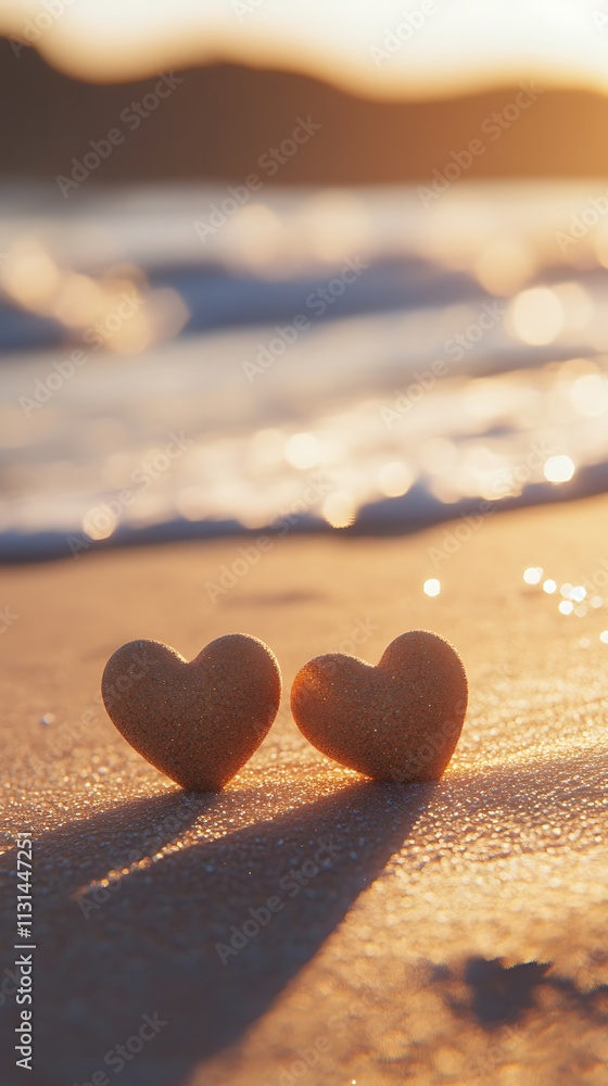 Fototapeta premium Red heart-shaped objects placed tranquil sandy beach picture