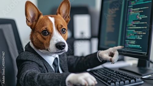 A dog in a suit appears to be coding on a computer, blending humor with the concept of a professional workspace.