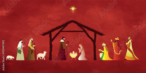 Christmas Nativity scene background. The Adoration of the Magi. Vector illustration EPS10.