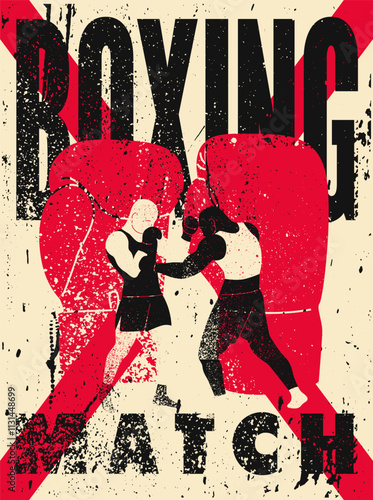 Boxing Match typographical vintage grunge style poster design with two boxing gloves and two boxers. Retro vector illustration.