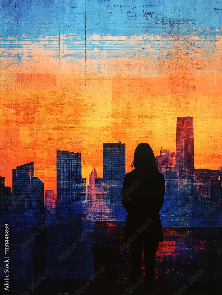 Fototapeta premium Woman in front of city painting