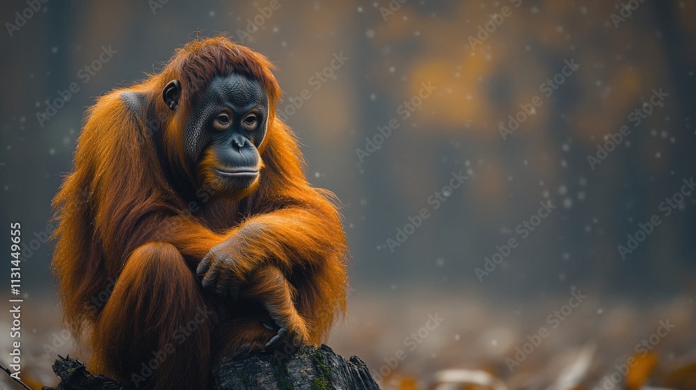 Obraz premium A pensive orangutan sits on a tree stump amidst a softly falling snow, creating a serene and captivating autumnal scene.