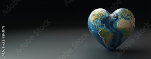 Earth in the shape of a heart on a neutral background. Wide wallpaper banner background.