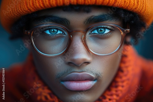 A close-up shot of an individual wearing glasses and a hat, with detailed facial features