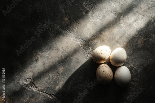 Four turkey eggs are lying on a dark gray surface illuminated by beams of sunlight photo