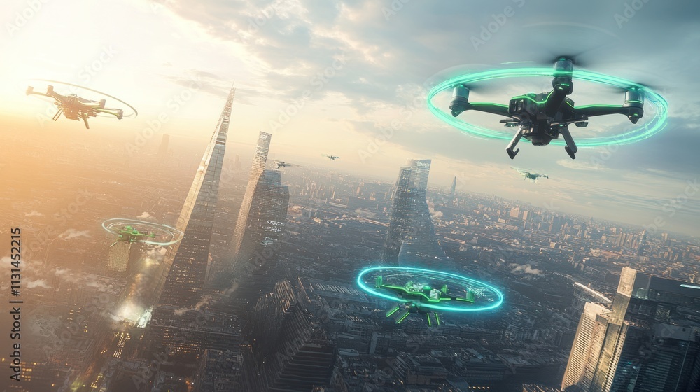 Naklejka premium Futuristic cityscape with multiple drones flying above modern skyscrapers at sunset.