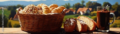 Belgian sugar bread cougnou with chocolate spread, placed on a rustic table overlooking a medieval village photo