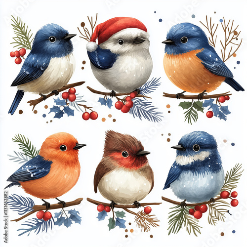 Christmas Birds Illustration Set
A charming set of illustrated birds sitting on branches decorated with Christmas elements like holly berries and snow, perfect for holiday cards and decor