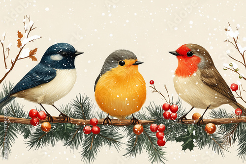 Winter Bird Trio on Snowy Branch
Three adorable winter birds perched on a snow-covered branch with holly berries, capturing the festive and cozy atmosphere of the holiday season