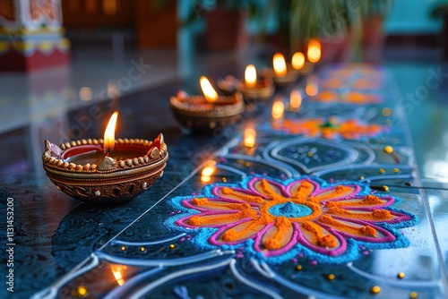 A row of candles are lit on a blue and white tile floor