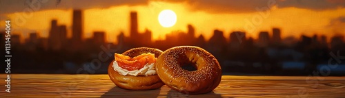 Classic New York bagel with cream cheese and salmon, captured with a city skyline at dawn photo