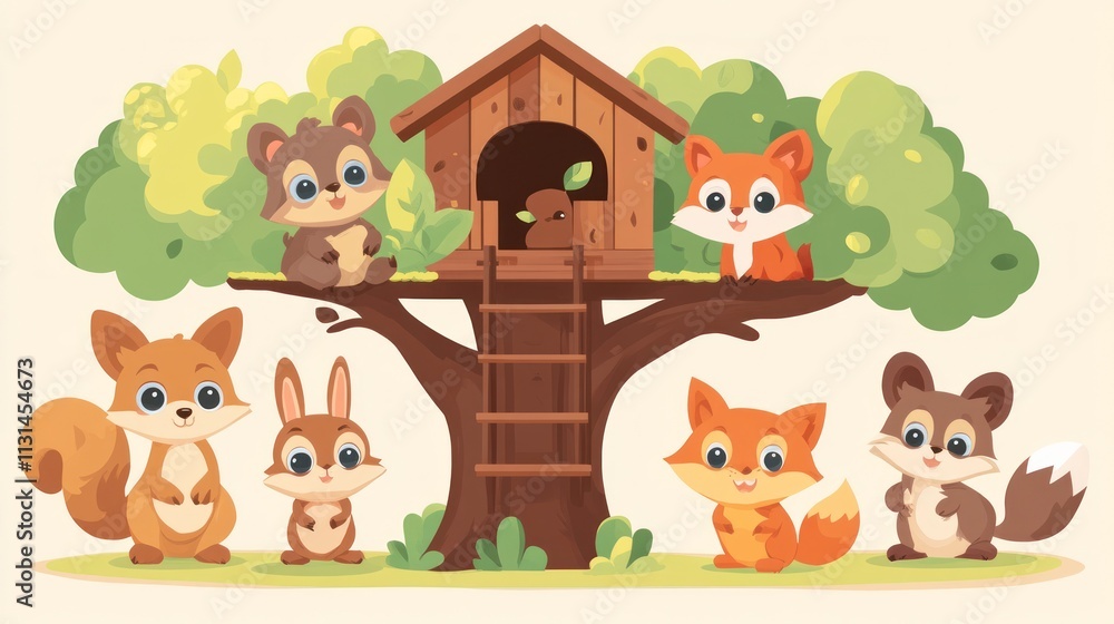 Obraz premium Cute woodland animals playing near tree house.