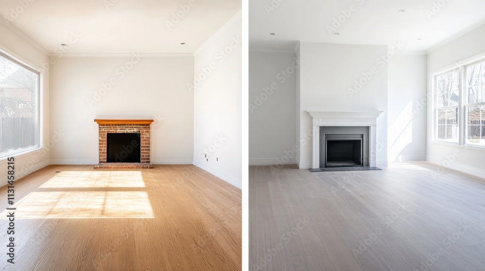 Fototapeta premium Modern Living Room Transformation with Natural Light and Minimalist Design Featuring a Fireplace and Bright Walls