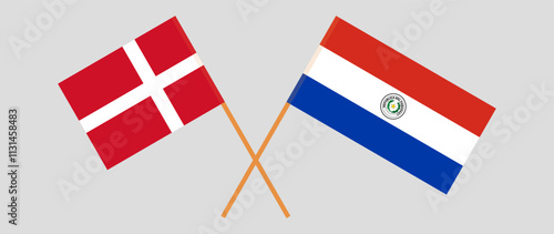 Crossed flags of Denmark and Republic of Paraguay. Official colors. Correct proportion. Vector illustration