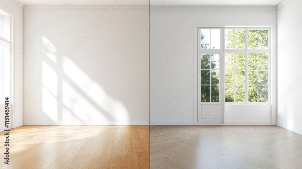Fototapeta premium Bright and Spacious Empty Room with Sunlight Casting Shadows and Large Windows Overlooking a Scenic Outdoor View