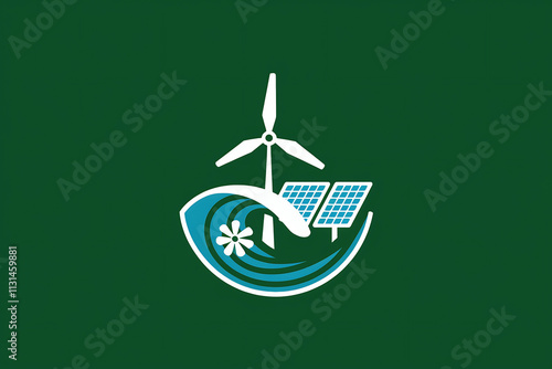 An illustration of a green energy logo with a wind turbine, solar panels, and a water wave.